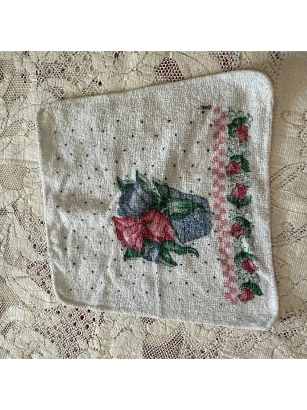 Vintage‎ Royal Terry B&D Floral Rose Basket Cotton Washcloth White Pink Blue